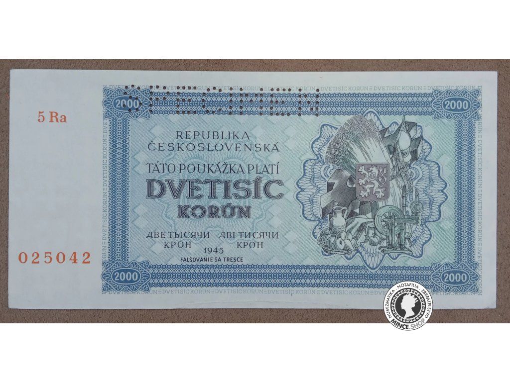 2000 Korunová poukážka - 1945 - Česko-Slovensko - SPECIMEN